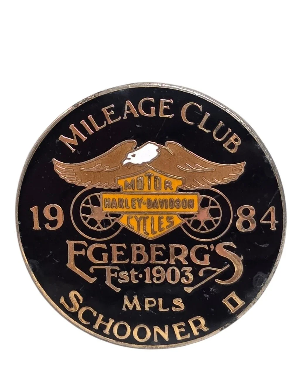 Harley Davidson Vintage 80s Mileage Club Pin Egeberg's In Minneapolis Minnesota